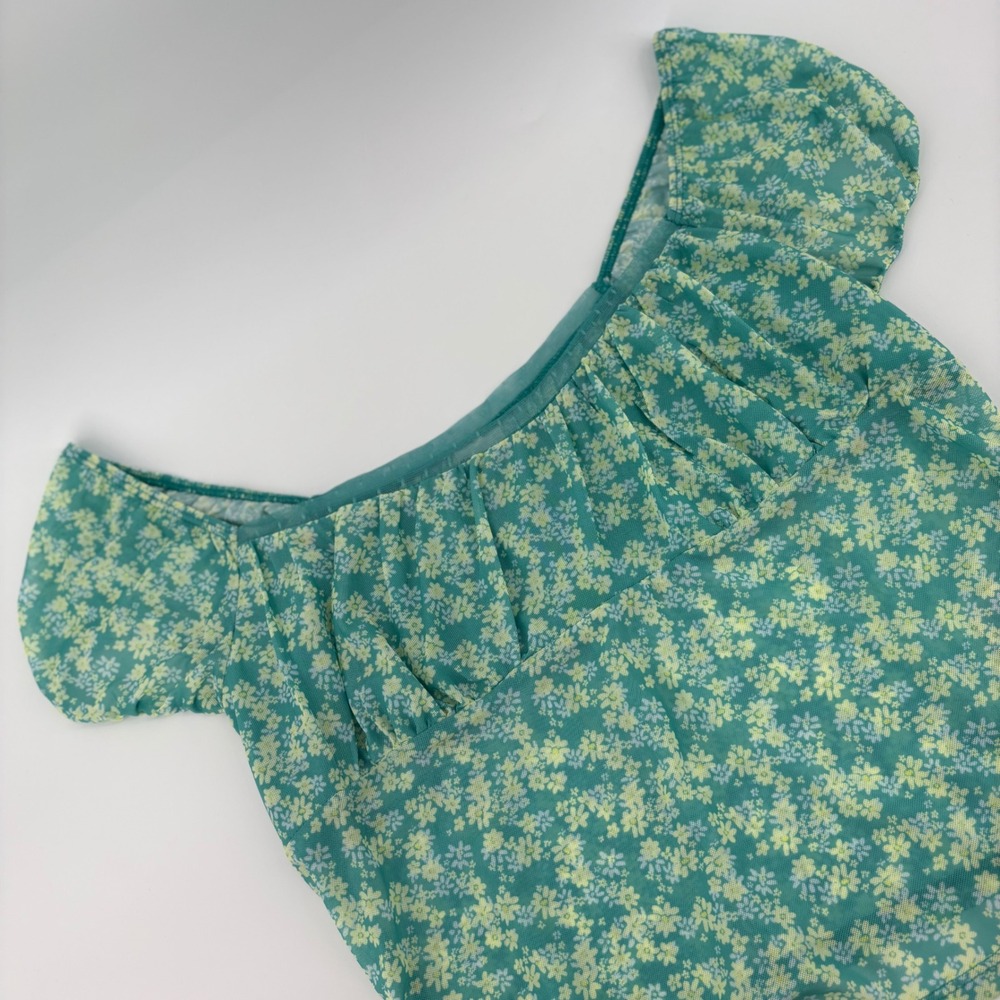 No Boundaries Floral Mesh Crop Top XL Green Ditsy Cap Sleeve Square Neck Peasant